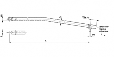 Spurhalter G1" 1-fach gebogen (vorne) mit Öse, verstellbar, L = 1900 mm, mit Gewinde 5/8", St Inox