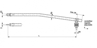 Spurhalter G1" 1-fach gebogen (vorne) mit Öse und Isolation 3 kV, verstellbar, L = 1900 mm, mit Gewinde 5/8", St Inox