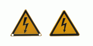 Warning sign triangular, drilled, for attachment for grooved contact wire