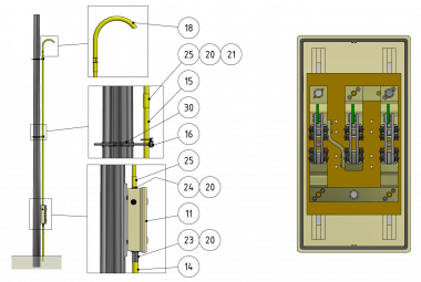 Schaltkastengarnitur, mit 3 Trennmessern, 1 Eingang/2 Ausgänge/1 Überbrückung