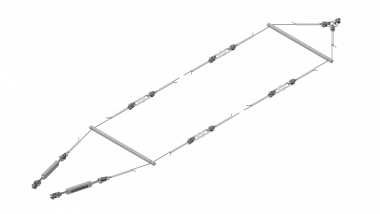 Doppelquerspanner für Streckentrenner-Aufhängung, mit Einspeisung, Stahlseil 35 mm² fverz, mit Abspannring, mit Isolierschlaufe und Spreizrohr isoliert